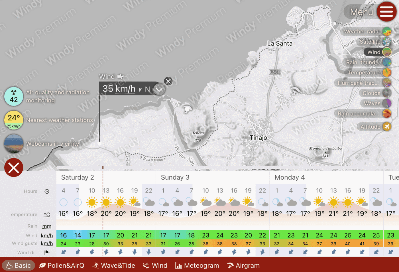 Windy.com forecast map showing wind direction and speed over the Tenesar flying zone in Lanzarote